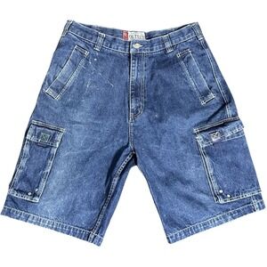 Outech Men's Denim Blue Baggy Y2K Cargo Shorts Sz 36 Nostalgic Casual Everyday